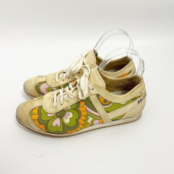 DOLCE & GABBANA Taupe Floral Suede Lace Up Vintage Y2K Sneakers Sz 36 - Picture 1 of 13